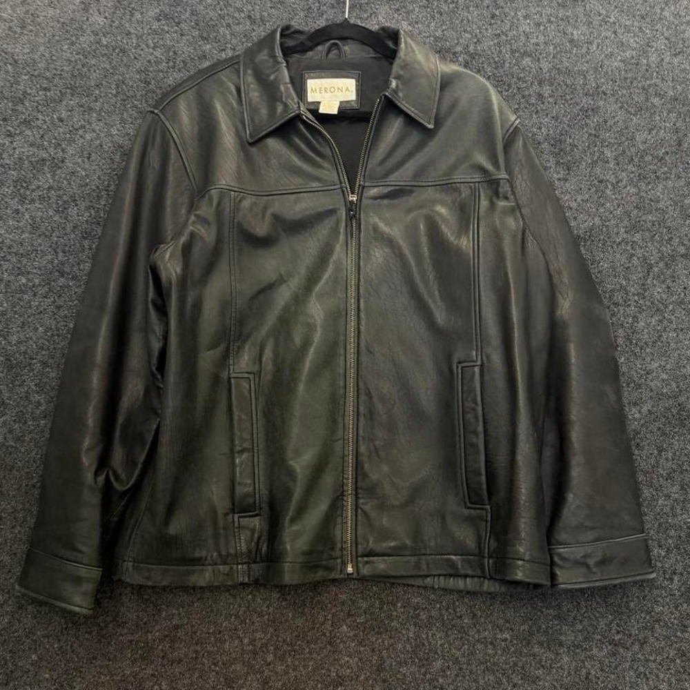 Vintage Merona Black Leather Zip Jacket Mens Large Faded Buttery Minimalist